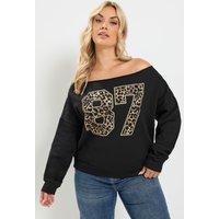Yours Yours Damen Schulterfreies Sweatshirt '87' in Schwarz mit Leopardenprint in Größe 46-48 | Baumwolle/Polyester