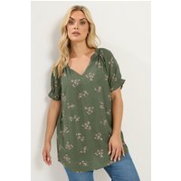 Yours Yours Damen Bluse in Grün mit Blumenmuster und Kerbausschnitt in Größe 44 | Viskose