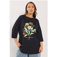 Yours Yours Damen Geblümtes T-Shirt in Schwarz mit "Happiness Grows"Schriftzug in Größe 44 | Baumwolle
