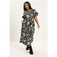 Yours Yours Damen Kleid in Schwarz mit Blumenmuster und Gerüschten Ärmeln in Größe 54-56 | Polyester/Elasthan