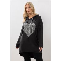 Yours Yours Damen Langer Hoodie in Schwarz mit Herzprint in Größe 48 | Elasthan/Viskose