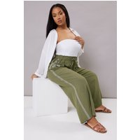 Yours Yours Damen Hose in Khaki mit Stickerei und Weitem Bein in Größe 44 | Baumwolle/Viskose/Leinen