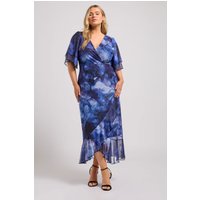 Yours London Yours London Damen Wickelkleid in Blau mit Verschwommenem Blumenmuster in Größe 42 | Polyester/Elasthan