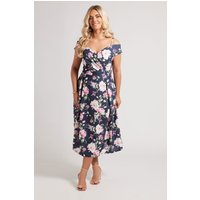 Yours London Yours London Damen Schulterfreies Kleid in Marineblau mit Blumenmuster in Größe 50 | Polyester/Elasthan