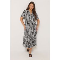 Yours Yours Damen Kleid in Schwarz mit Geometrischem Muster und Kurzer Knopfleiste in Größe 48 | Viskose