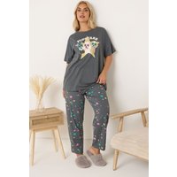 Yours Yours Damen Pyjamaset „Pupstars“ in Anthrazit in Größe 54-56 | Baumwolle/Polyester