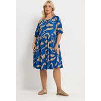 Yours Yours Damen Kleid in Blau mit Abstraktem Muster und Bindeband Vorne in Größe 50-52 | Polyester/Elasthan