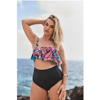 Yours Yours Damen Bikinioberteil in Schwarz mit Tropenmuster und Rüschen in Größe 44 | Polyester/Elasthan