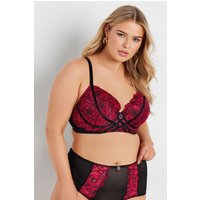 Yours Yours Fuller Bust Lingerie Tief Ausgeschnittener BH in Rot und Schwarz mit Spitze und Riemchendesign in Größe 100F