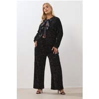 Yours Yours Damen Hose in Schwarz mit Pailletten und Weitem Bein in Größe 42 | Polyester