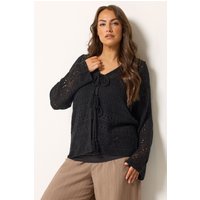 Yours Yours Damen Gestrickter Pointellecardigan in Schwarz mit Bindegürtel in Größe 54-56 | Acryl