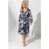 Yours London Yours London Damen Wickelkleid in Blau mit Verschwommenem Muster in Metallicoptik in Größe 48 | Polyester