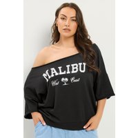 Yours Yours Damen Schulterfreies Sweatshirt in Schwarz mit „Malibu“Schriftzug in Größe 48 | Baumwolle/Polyester