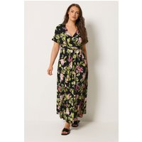 Yours Damen Yours – Strukturiertes Kleid in Schwarz mit Blumenmuster und Wickeloptik Vorne in Größe 42 | Polyester/Elasthan