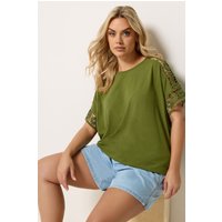 Yours Yours Damen T-Shirt in Olivgrün mit Gehäkelten Ärmeln in Größe 54-56 | Baumwolle