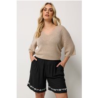 Yours Yours Damen Shorts in Schwarz mit Blumenstickerei und Saum in Größe 44 | Viskose