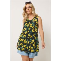 Yours Yours Damen Trägershirt in Schwarz mit Sonnenblumenprint und Falten Vorne in Größe 50-52 | Elasthan/Viskose