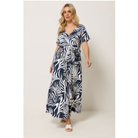 Yours Yours Damen Wickelkleid in Blau mit Blätterprint in Größe 42 | Polyester/Elasthan