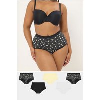 Yours Yours Plus Size Curve Voll Bedeckende Slips in Schwarz und Gelb mit Gänseblümchenmuster 5er Pack in Größe 54-56 | Baumwolle/Elasthan