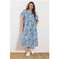 Yours Yours Damen Midikleid in Blau mit Abstraktem Mosaikprint in Größe 44 | Baumwolle