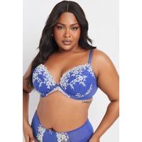 Yours Yours Fuller Bust Lingerie Bestickter, Tief Ausgeschnittener BH in Blau mit Blumenmuster in Größe 95G | Polyester/Elasthan/Polyamid