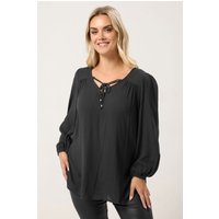 Yours Yours Damen Vorne Geschnürte Bluse in Schwarz mit Gitteroptik in Größe 44 | Viskose