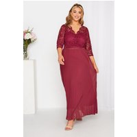 Yours London Yours London Damen Plissiertes Maxikleid in Burgunderrot mit Puffärmeln und Spitze in Größe 44 | Polyester