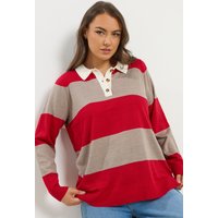 Yours Yours Damen Pullover in Rot mit Streifen und Rugbykragen in Größe 46-48 | Acryl