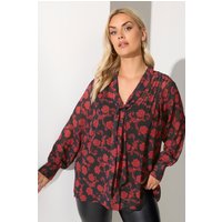 Yours London Yours London Damen Bluse in Schwarz mit Blumenmuster, Biesen und Schleife in Größe 46 | Polyester