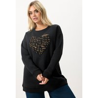 Yours Yours Damen Langärmliges Sweatshirt in Schwarz mit Leoprint und Herzmotiv in Größe 48 | Baumwolle/Polyester