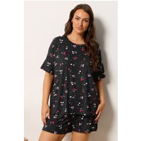 Yours Yours Damen Pyjama in Schwarz mit Kirsch und Schleifenmuster in Größe 54-56 | Polyester/Elasthan