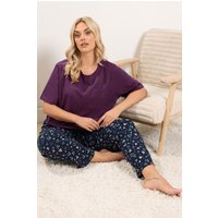 Yours Yours Damen Pyjamahose in Burgunderrot mit Weitem Bein und Herzmuster in Größe 54-56 | Baumwolle