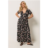Yours Yours Damen Wickelkleid in Schwarz mit Blumenmuster in Größe 54-56 | Polyester/Elasthan