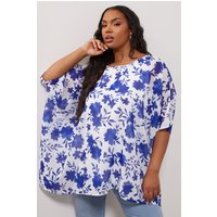 Yours London Yours London Damen Capebluse in Weiß und Blau mit Blumenmuster in Größe 48 | Polyester