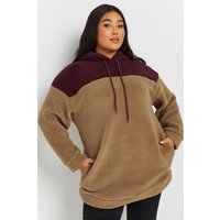 Yours Yours Damen Teddyplüsch-Fleecehoodie in Braun und Burgunderrot mit Blockfarbendesign in Größe 50-52 | Polyester