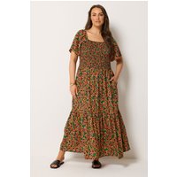 Yours Yours Damen Gesmoktes Maxikleid in Schwarz mit Blumenmuster in Größe 54-56 | Polyester
