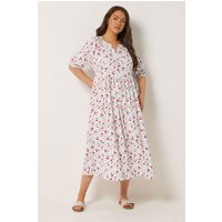 Yours Damen Yours – Geblümtes Maxikleid in Creme mit Kirschmuster und Eingekerbtem Ausschnitt in Größe 50-52 | Polyester/Elasthan