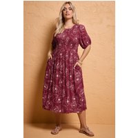 Yours Yours Damen Gesmoktes Kleid in Rot mit Blumenmuster, Wellenmuster und Puffärmeln in Größe 50-52 | Viskose