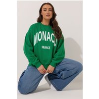 Yours Yours Damen Sweatshirt in Grün mit „Monaco“Schriftzug in Größe 44 | Baumwolle/Polyester