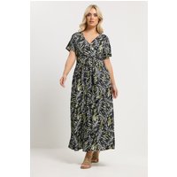 Yours Yours Damen Schwarzes Kleid mit Blattmuster und Wickeloptik Vorne in Größe 54-56 | Polyester/Elasthan