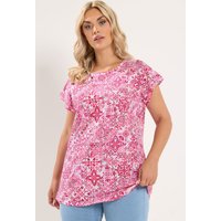 Yours Yours Damen T-Shirt in Rosa mit Kacheldruck und Überschnittenen Ärmeln in Größe 54-56 | Baumwolle