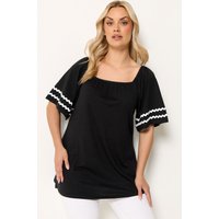 Yours Yours Damen T-Shirt in Schwarz mit Kontrastbesatz und Eckigem Ausschnitt in Größe 50-52 | Baumwolle