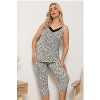 Yours Yours Damen Kurz Geschnittener Pyjama in Elfenbeinweiß aus Softtouchgewebe mit Leopardenmuster in Größe 62-64 | Polyester/Elasthan