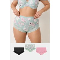 Yours Yours Plus Size Curve Voll Bedeckender Slip in Rosa und Grün mit Spitzenbesatz 3er Pack in Größe 62-64 | Polyester/Elasthan