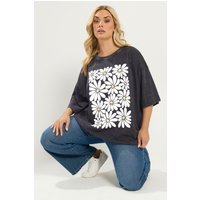 Yours Yours Damen Kastiges T-Shirt in Grau mit Acidwaschung und Gänseblümchenprint in Größe 54-56 | Baumwolle