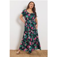 Yours Yours Damen Carmenmaxikleid in Schwarz mit Tropischem Print und Bindeband am Ausschnitt in Größe 44 | Viskose