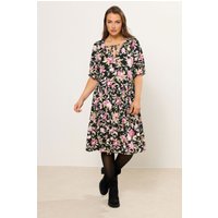 Yours Yours Damen Minikleid in Schwarz mit Blumenmuster und Schleife am Ausschnitt in Größe 54-56 | Elasthan/Viskose