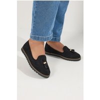 Yours Yours Damen Loafer in Schwarz aus Wildlederimitat mit Quasten in Breiter E-Passform zum Hineinschlüpfen in Größe 38EEE | Textil/Synthetik