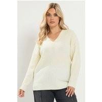 Yours Yours Damen Strickpullover in Elfenbeinweiß mit V-Ausschnitt in Größe 50-52 | Acryl