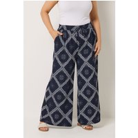 Yours Yours Damen Hose in Marineblau mit Bandanaprint und Weitem Bein in Größe Regular 46 | Polyester/Elasthan